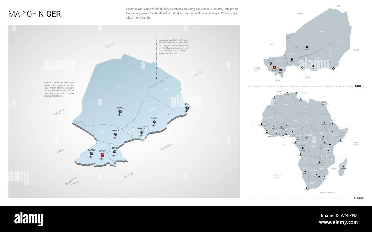 Vector set du Niger Pays. Carte en 3D isométrique, Niger, Afrique carte carte - avec la région, l'Etat et les noms les noms de ville. Illustration de Vecteur
