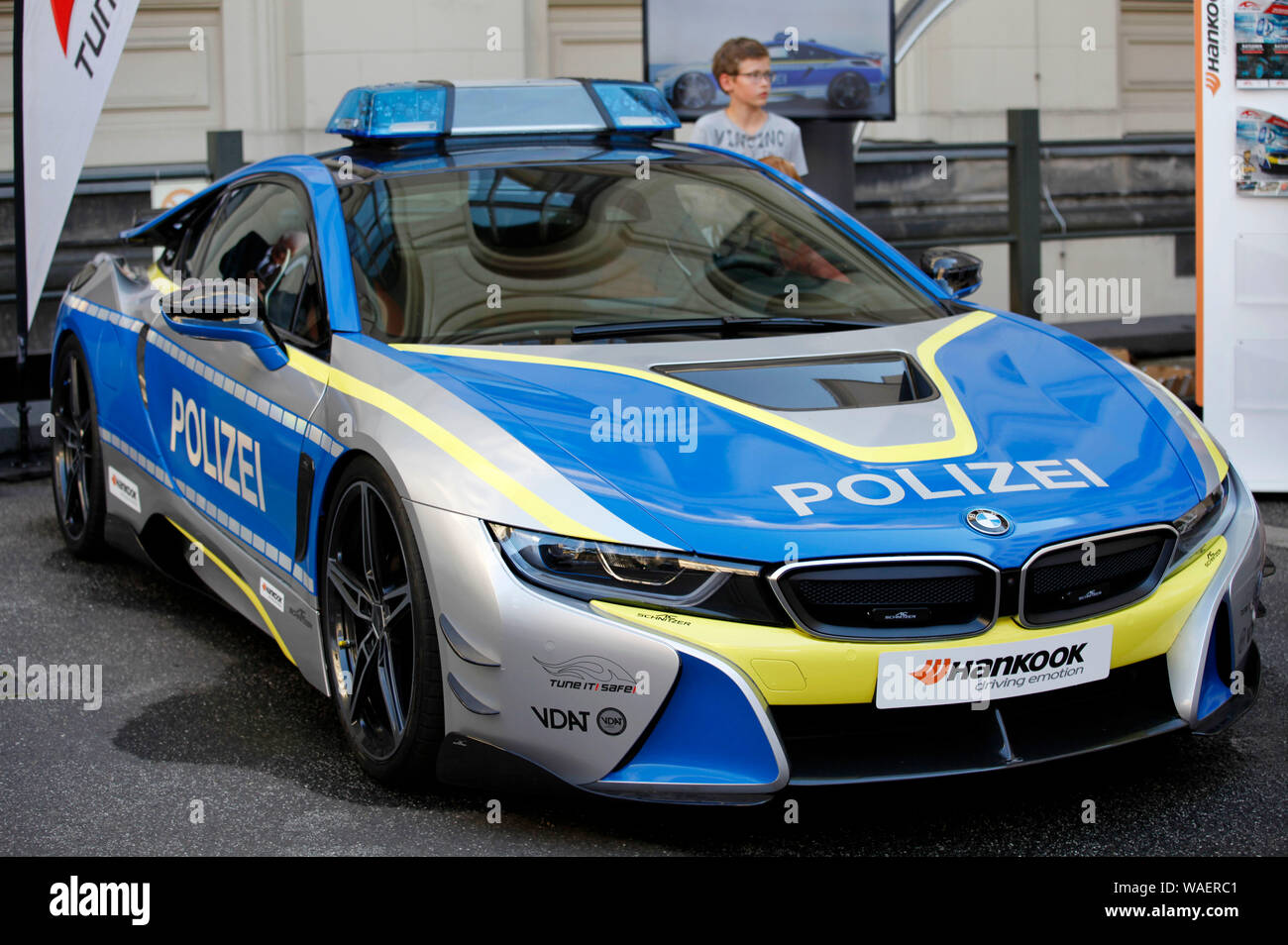 Berlin, Deutschland. Août 18, 2019. La BMW i8 par AC Schnitzer comme  voiture de police au jour de la porte ouverte du gouvernement fédéral dans  le ministère fédéral des Transports. Berlin, 18.8.2019