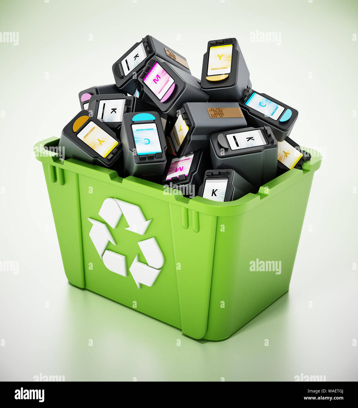 Imprimante jet d'encre utilisées à l'intérieur de la boîte de recyclage vert. 3D illustration. Banque D'Images