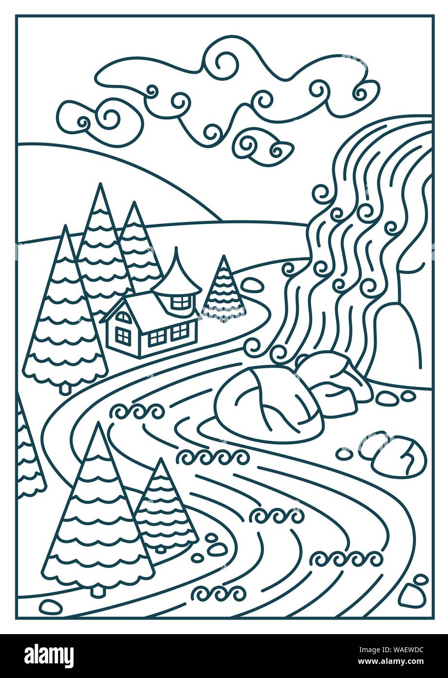 Illustration de Nature Paysage - Cascade, rivière et les montagnes. Art Style de ligne. Illustration de Vecteur