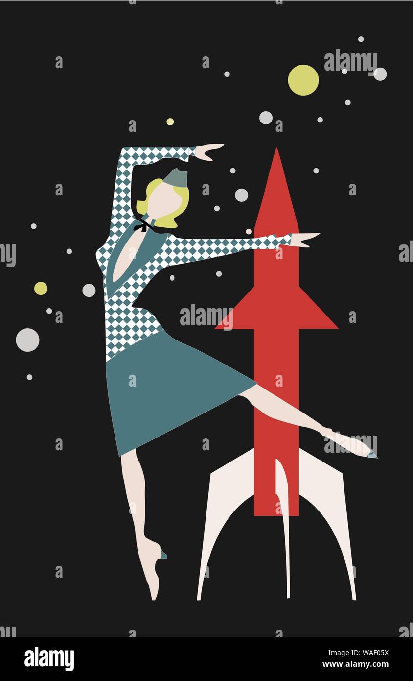 Carte vintage avec l'espace, avec fusée et hôtesse, vecteur, peut être utilisé comme carte postale Illustration de Vecteur