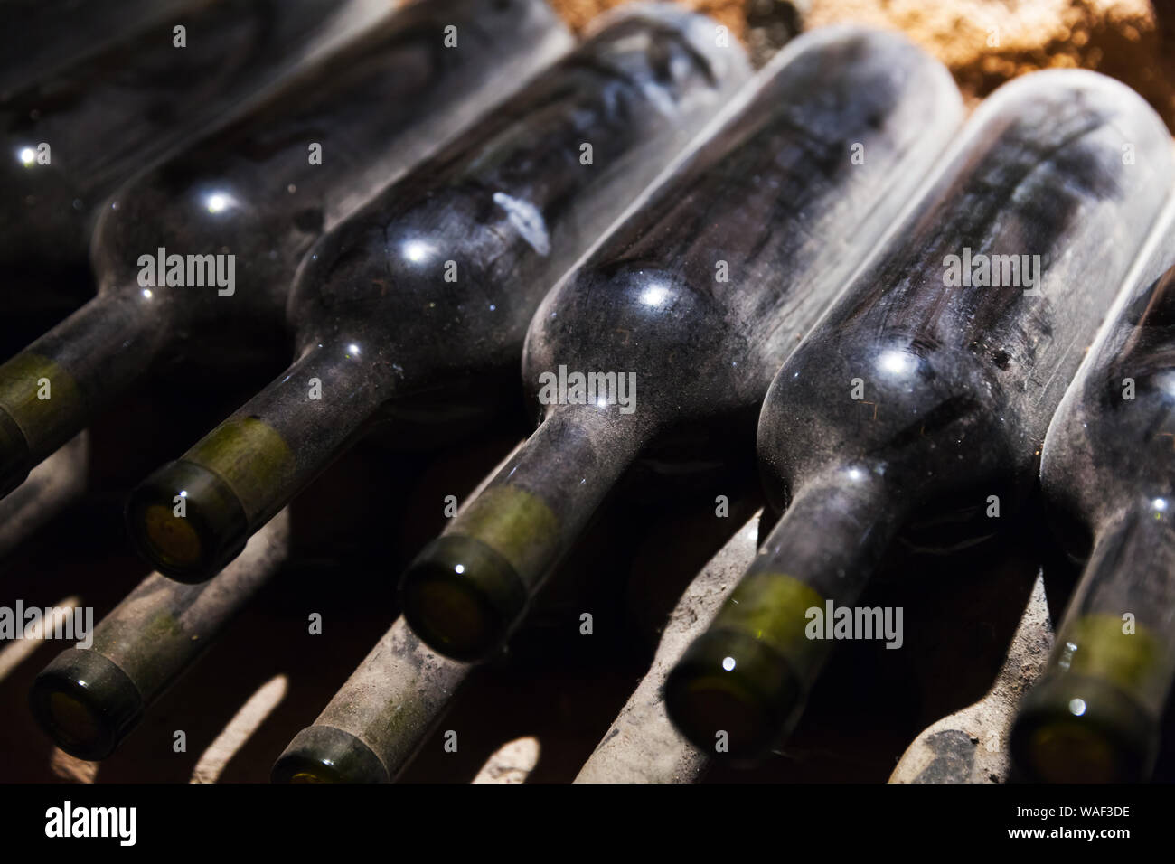 Bouteilles en verre poussiéreux de vin de cru réside dans une cave Banque D'Images