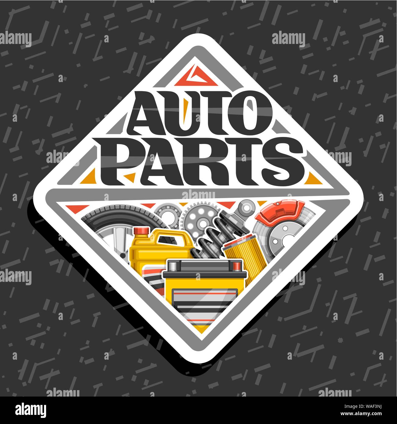 Logo Vector pour les pièces d'automobile, affiche avec blanc pancarte avec lettrage pour les mots auto parts, illustrations de système de freinage rouge, nouveau fil d'air Illustration de Vecteur