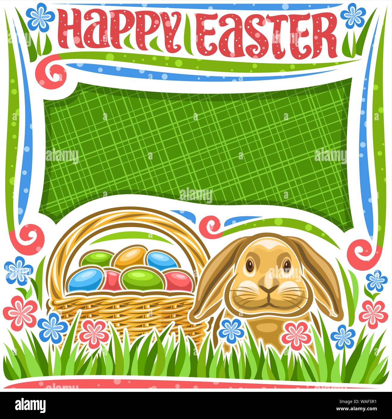 Vector affiche pour les vacances de Pâques avec copie espace cadre blanc, bleu et rose avec des fleurs sauvages, chef de lapin aux oreilles drôles, rustique pottle avec heap Illustration de Vecteur