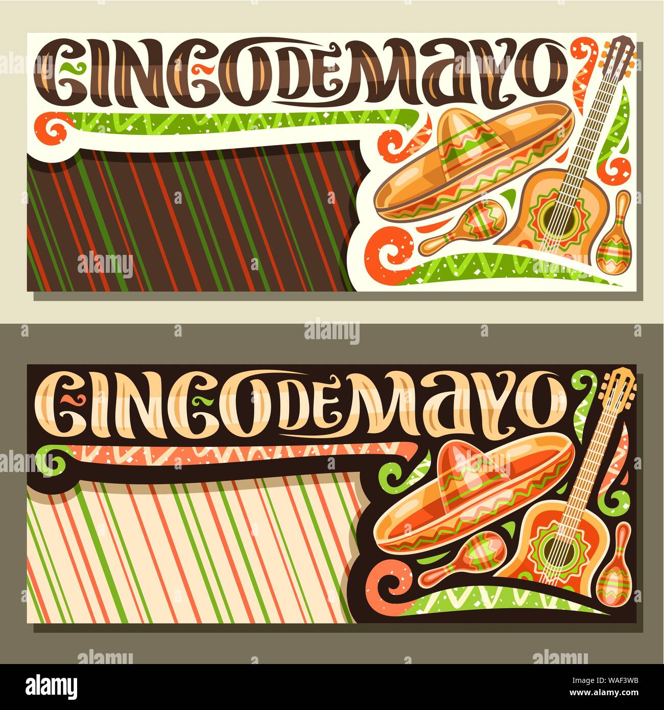 Vector bannières pour le Cinco de Mayo maison de vacances avec copie espace, mise en page avec ornement ethniques, illustration de Mexican Hat, guitare et maracas, lette d'origine Illustration de Vecteur