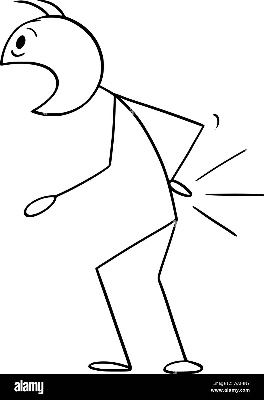 Vector cartoon stick figure dessin illustration conceptuelle de l'homme avec la douleur au bas du dos. Illustration de Vecteur