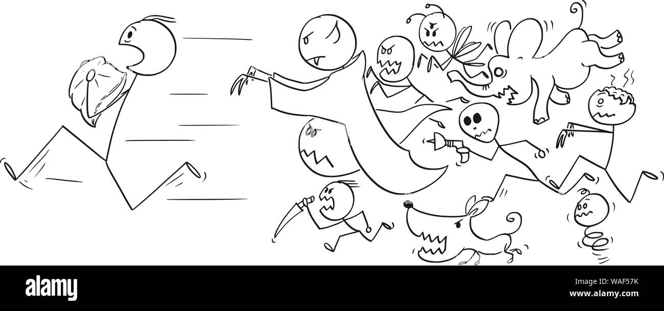 Vector cartoon stick figure dessin illustration conceptuelle de l'homme tenant un oreiller en fuite à la poursuite par ses cauchemars et rêve de monstres. Illustration de Vecteur