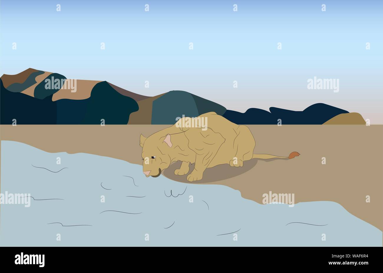 Vector illustration d'une femme lionne à points d'eau que les boissons dans la nature, vector Illustration de Vecteur