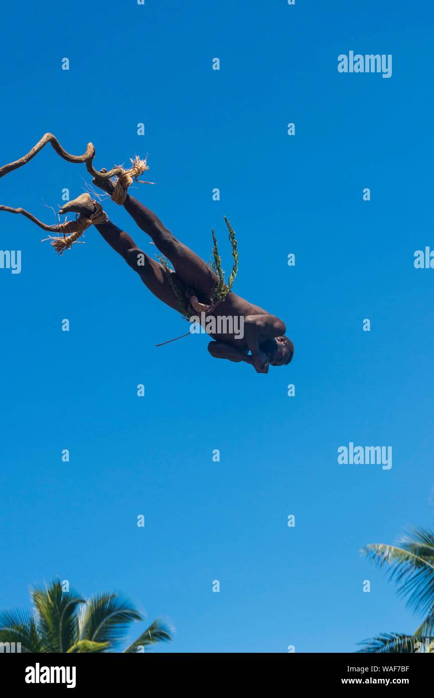 L'homme en sautant d'une tour de bambou, la Pentecôte, la Pentecôte, la plongée sous-marine à Vanuatu Banque D'Images