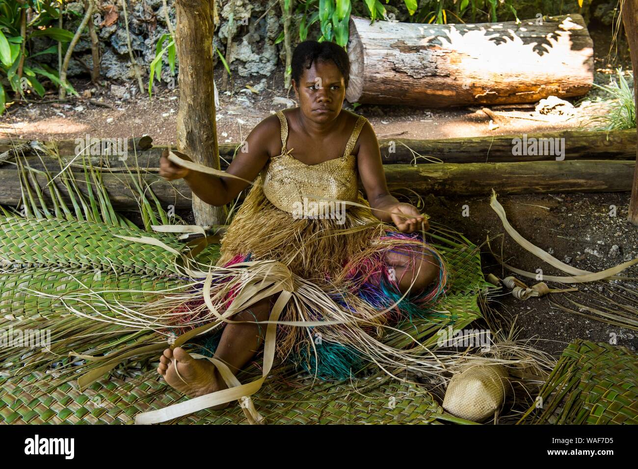 Femme tissant des paniers traditionnels, Ekasup village culturel, Efate, Vanuatu Banque D'Images