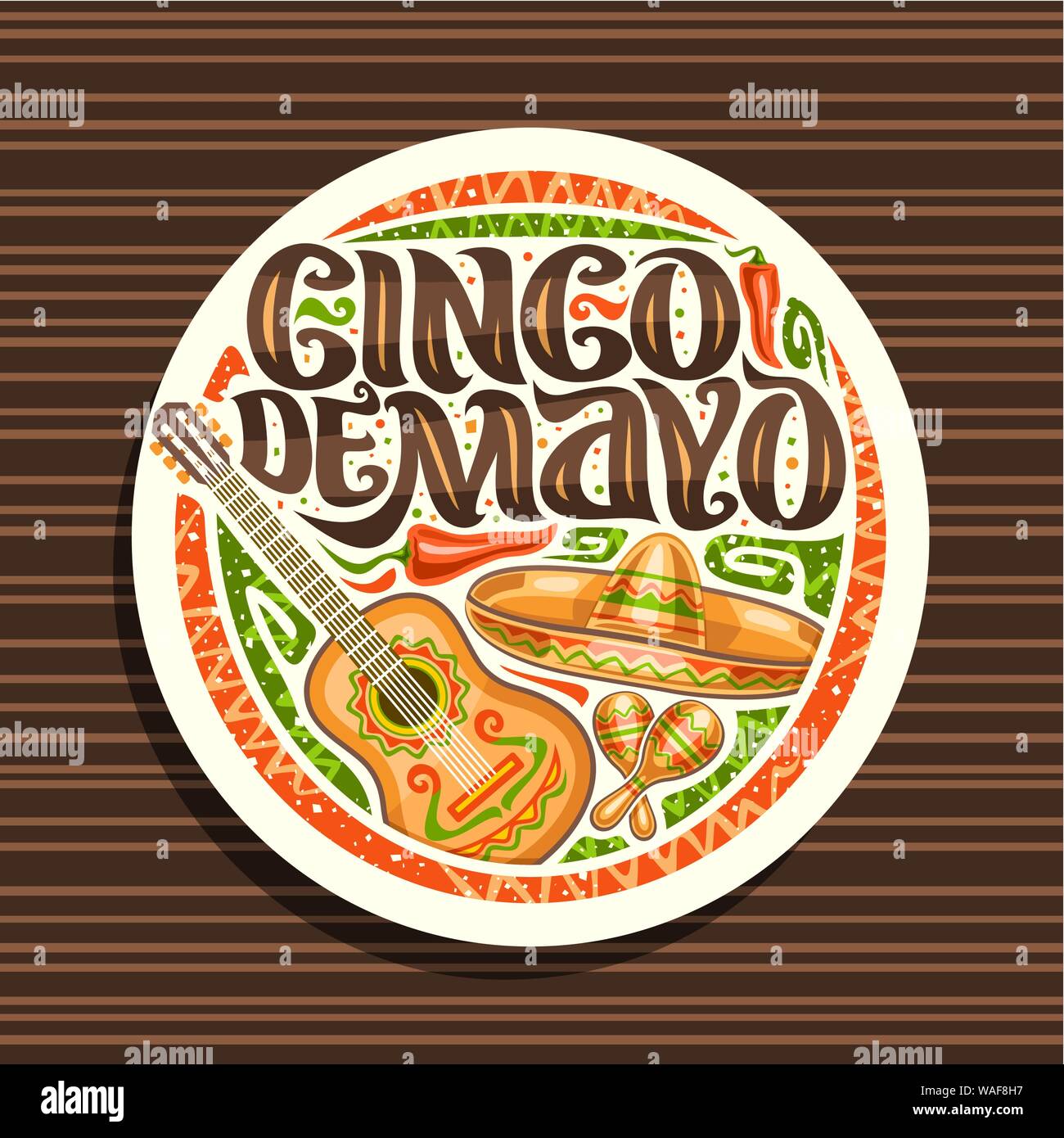 Logo vector pour le Cinco de Mayo, de l'icône blanche avec ornement ethniques, illustration de sombrero mexicain, guitare et maracas, lettrage pinceau original Illustration de Vecteur