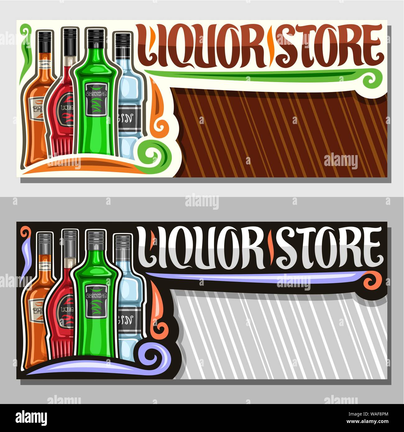 Bannières vecteur pour Liquor Store with copy space, decorative sign board pour le ministère à l'hypermarché avec 4 bouteilles d'alcool fort diverses ou distillation Illustration de Vecteur