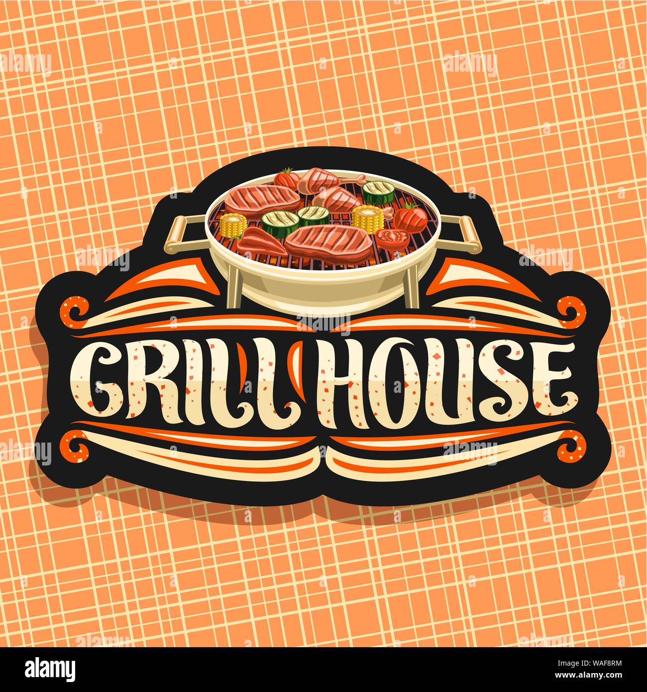 Logo Vector pour Grill House, black decorative sign board avec des cuisses de poulet, steak de surlonge, courgettes, tomates en bonne santé et le maïs sucré à la ronde gr Illustration de Vecteur