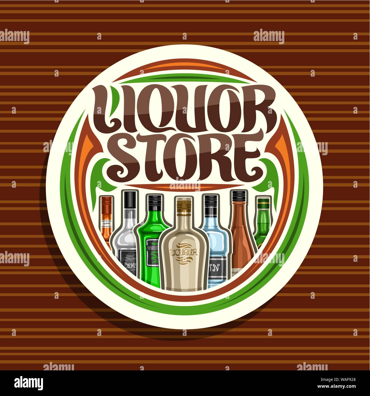 Logo Vector pour Liquor Store, panneau rond blanc pour le ministère en hypermarché avec 7 bouteilles de dessin animé divers l'alcool fort ou de boissons distillées, Illustration de Vecteur