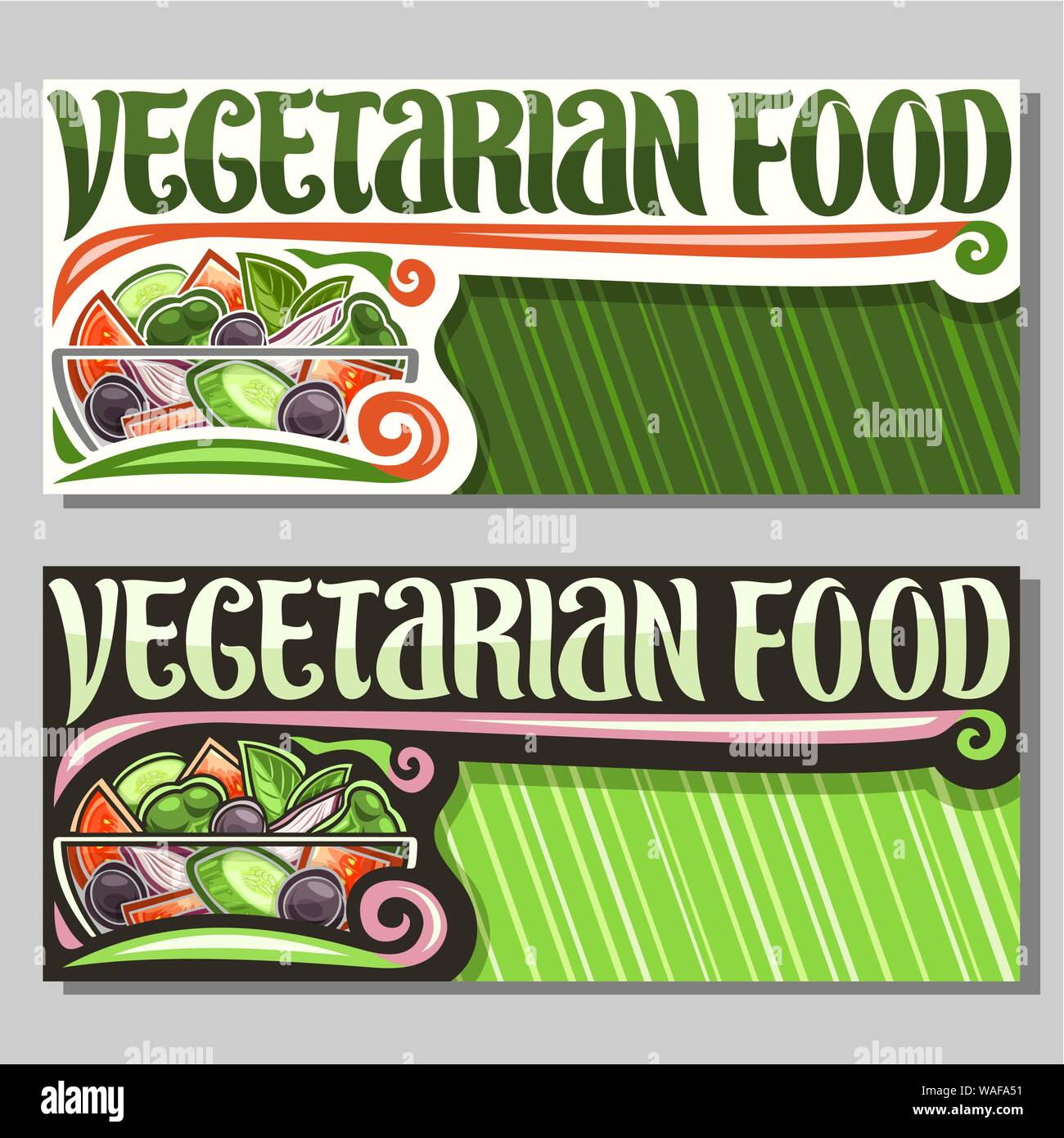 Bannières vecteur pour la nourriture végétarienne avec copie espace, modèle avec salade juteuse dans bol en verre, lettrage de mots la nourriture végétarienne, salade d'été cuit Illustration de Vecteur