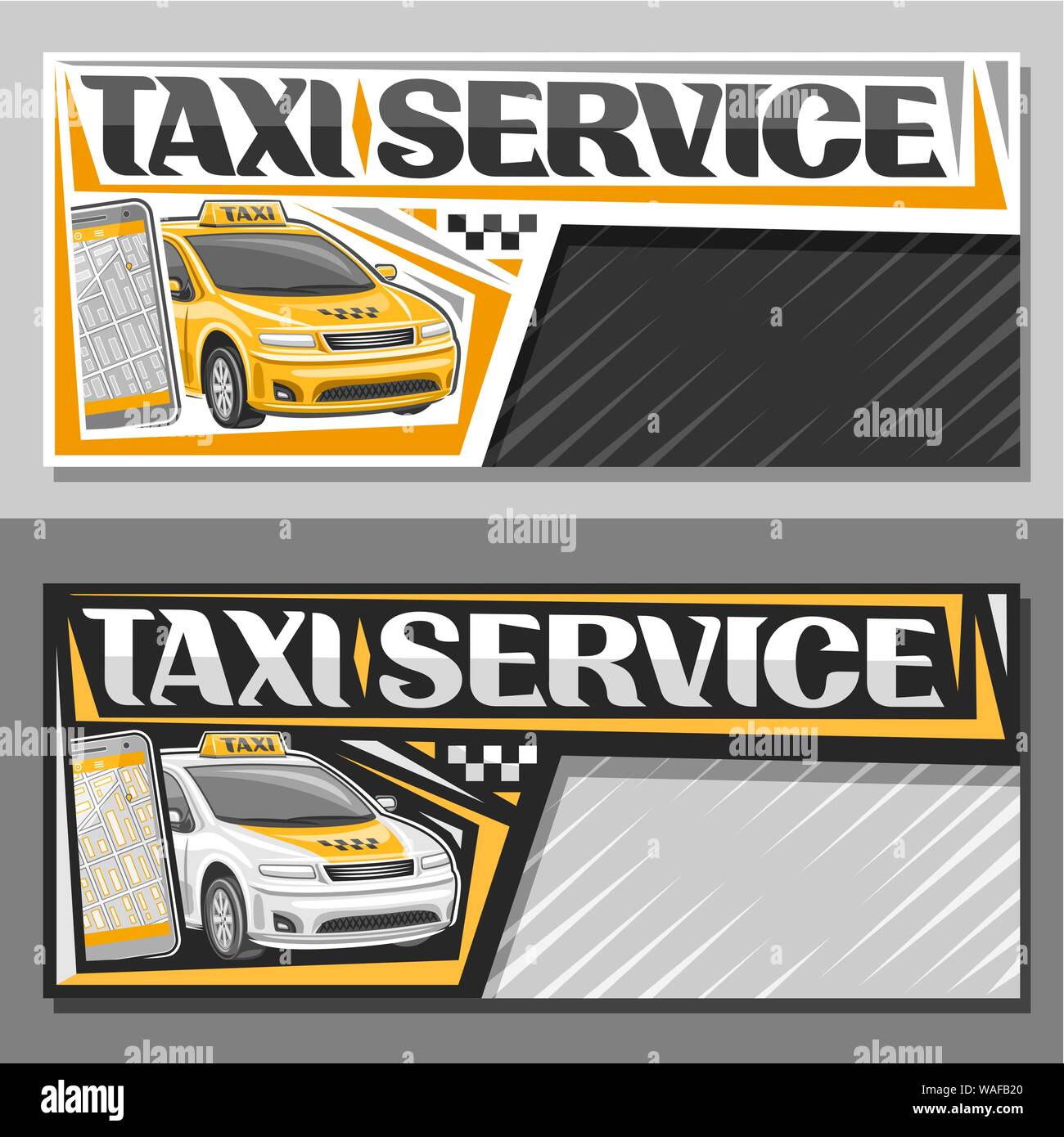 Vector bannières pour le Service de Taxi avec copie espace, modèles avec cabine cartoon permanent et du téléphone cellulaire, les originaux des lettres des mots, de l'innovation de service de taxi Illustration de Vecteur