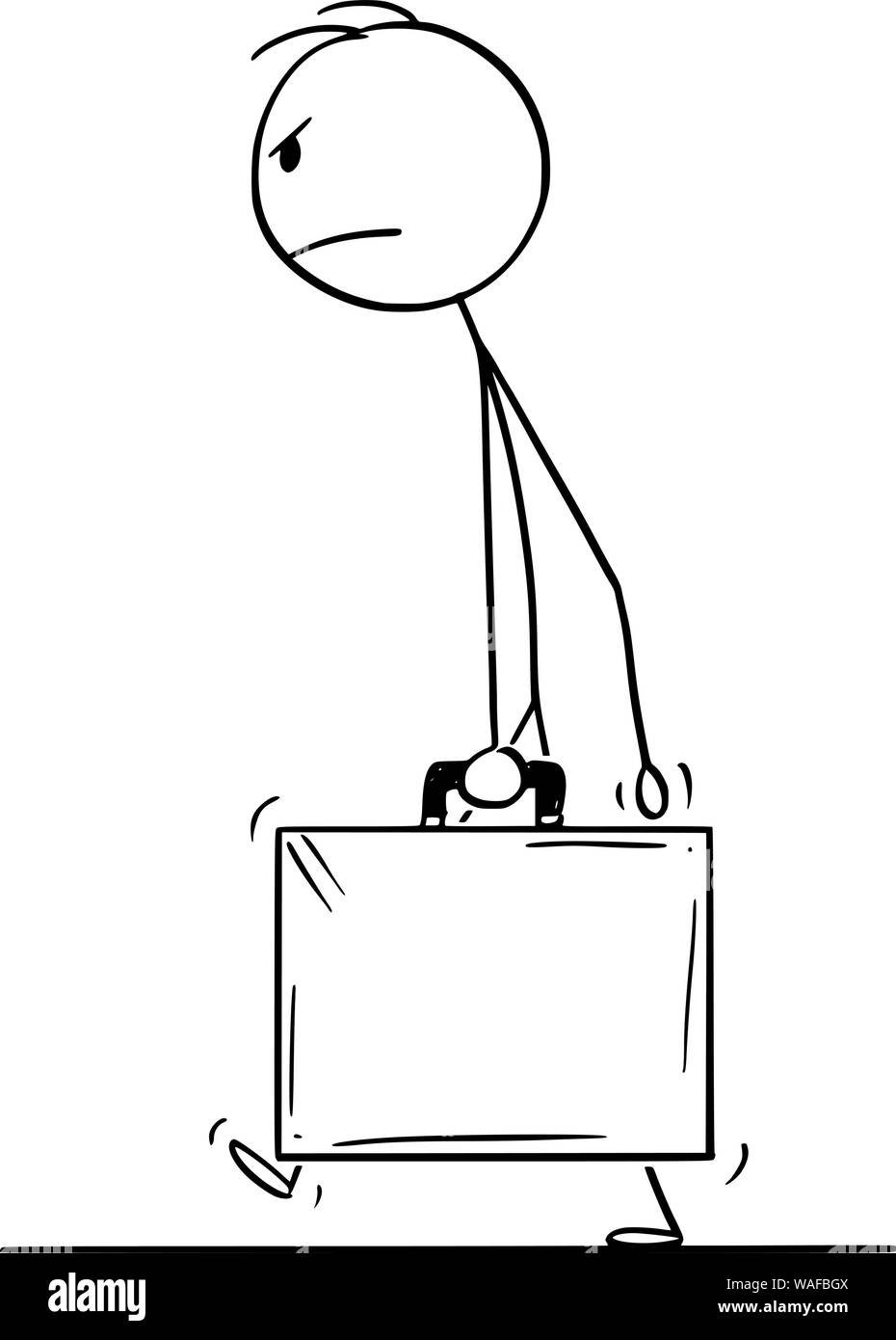 Vector cartoon stick figure dessin illustration conceptuelle de angry man walking with suitcase, porte-documents ou un cas. Illustration de Vecteur