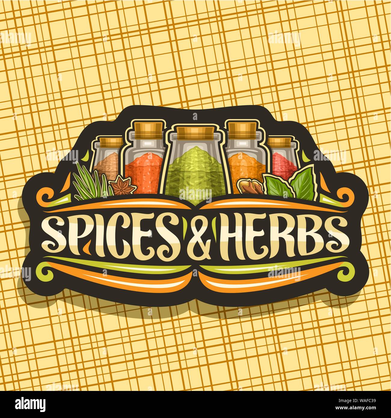 Logo Vector pour les épices et herbes, décoratif noir pancarte avec illustration de l'ensemble des condiments indiens dans des boîtes en verre vintage, s'épanouit et o Illustration de Vecteur