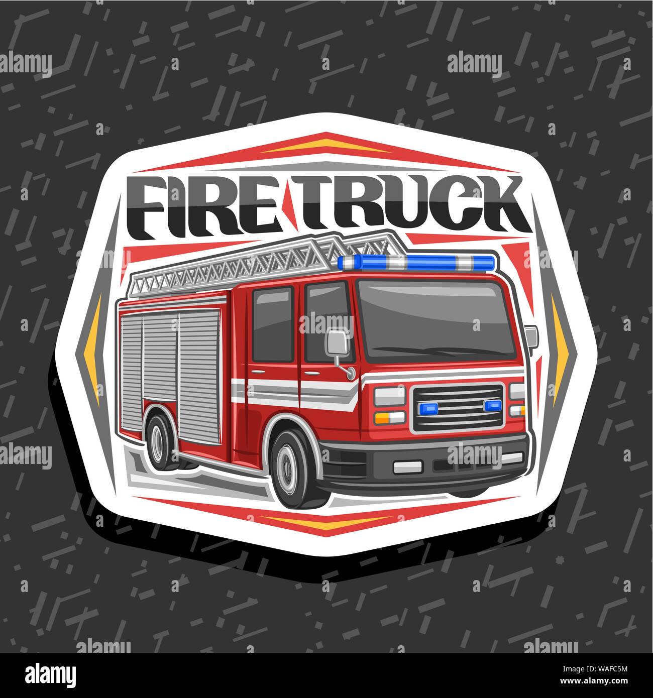 Logo Vector pour camion à incendie, couper le papier décoratif badge avec illustration de camion moderne rouge avec une bande blanche et bleue des feux d'alarme d'origine, je Illustration de Vecteur