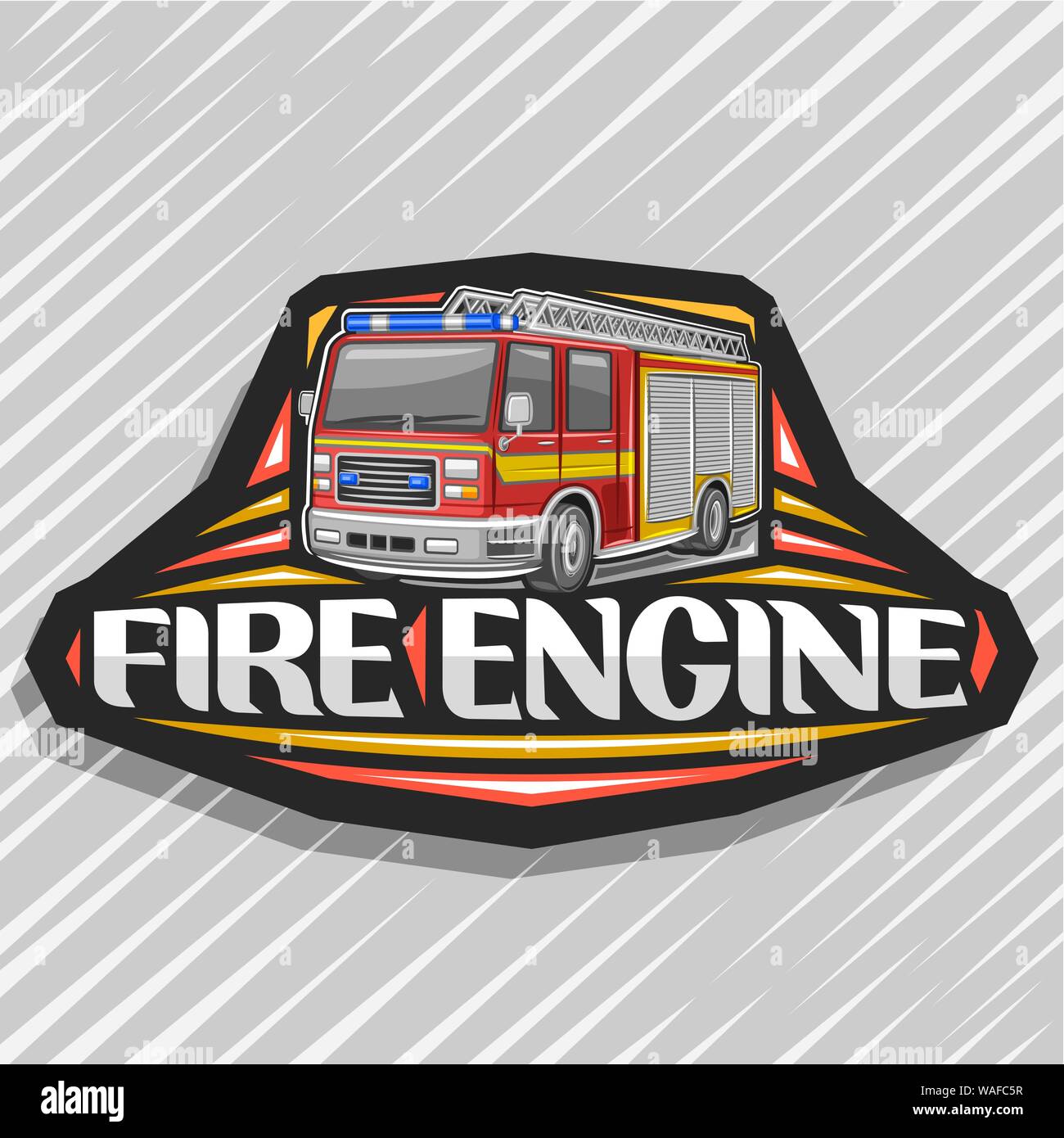 Logo Vector pour Fire Engine, étiquette décorative noire avec illustration de camion moderne rouge avec une bande jaune et bleu lampe d'alarme, lette d'origine Illustration de Vecteur