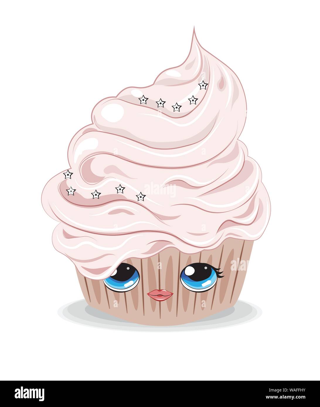 Cupcake à la crème rose décoré d'étoiles, et funy face Illustration de Vecteur