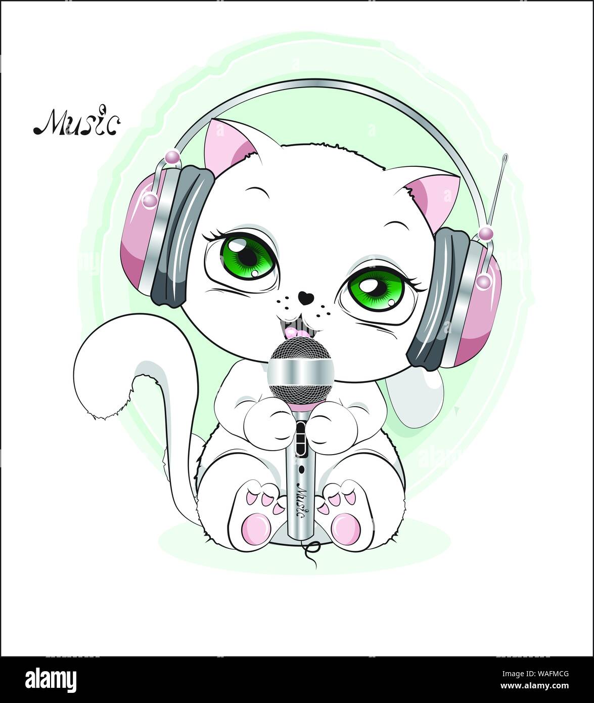 Mignon adorable chaton blanc, des écouteurs et du microphone, chante la chanson Illustration de Vecteur