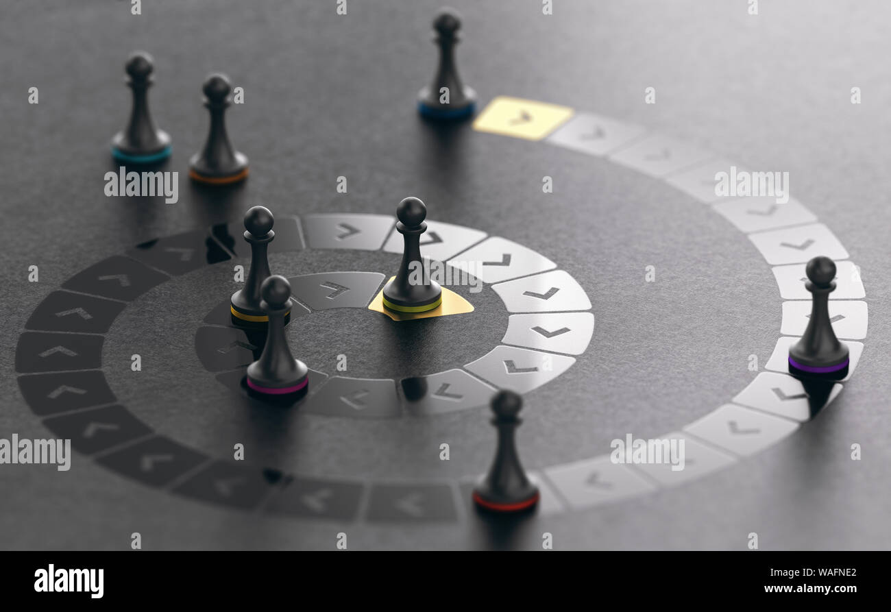 3D illustration de pions sur une trajectoire en spirale. Concept de développement de carrière ou d'avancement. 3D illustration sur fond noir. Banque D'Images