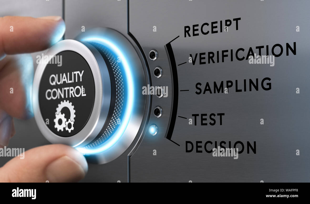 Fabricants l'aide d'une molette pour sélectionner les différentes phases du contrôle de la qualité. Image composite entre une main et la photographie 3D'un arrière-plan. Banque D'Images