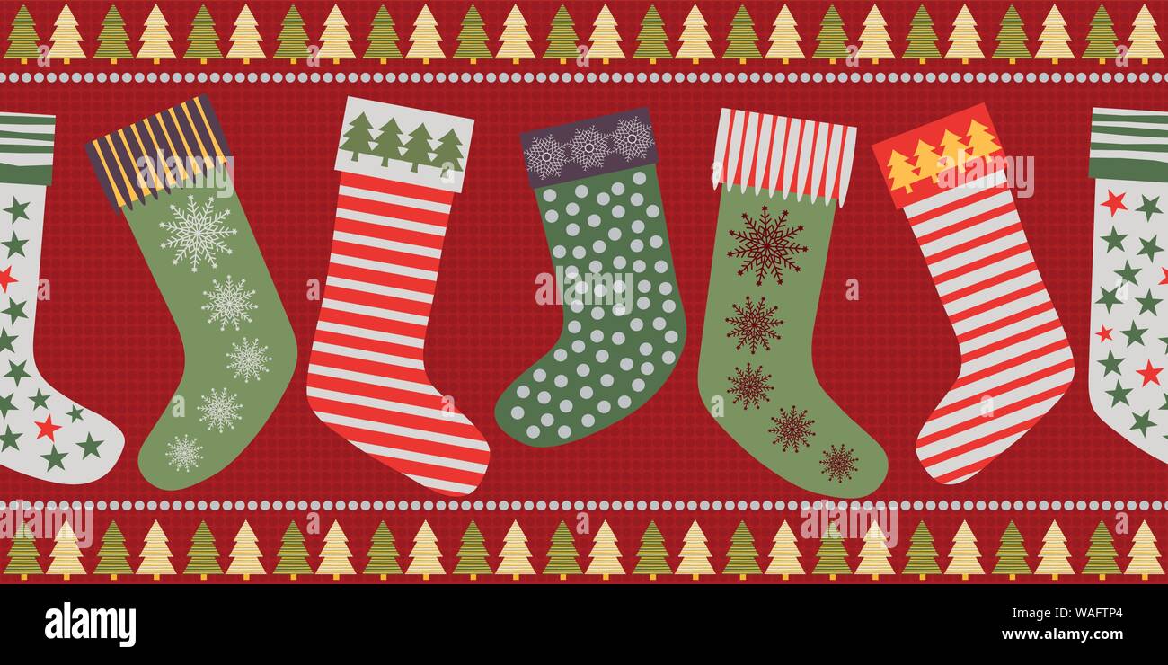 Bas de Noël design funky frontière en couleurs traditionnelles. Modèle vectoriel continu texturé sur fond rouge. Idéal pour les produits festifs, papier cadeau Illustration de Vecteur
