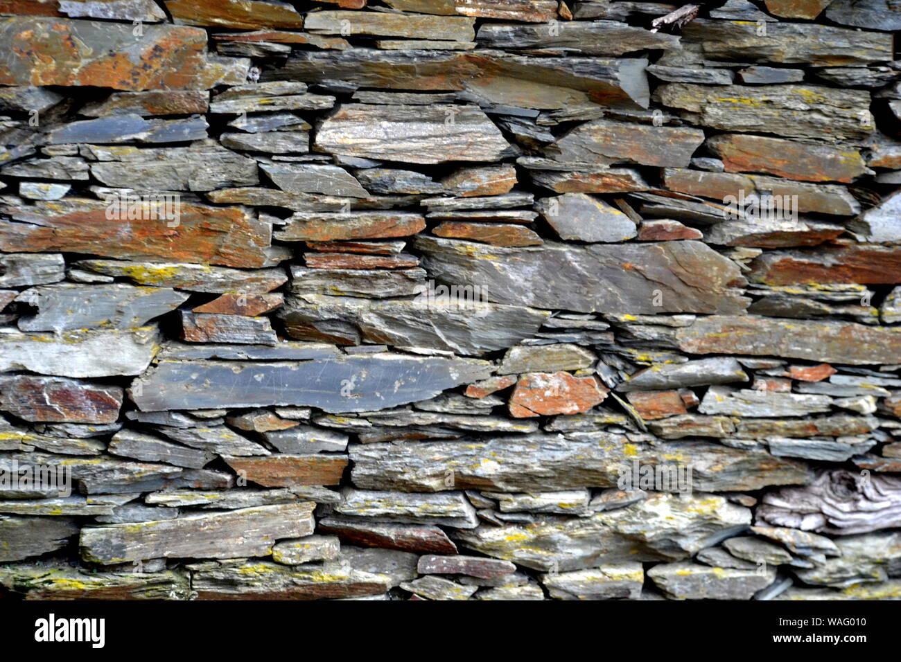 Close-up vue détaillée d'un vieux mur en pierre traditionnel construit à partir de schiste Piodão, faite de roches de schiste, pile l'un des villages de schiste du Portugal dans le Banque D'Images