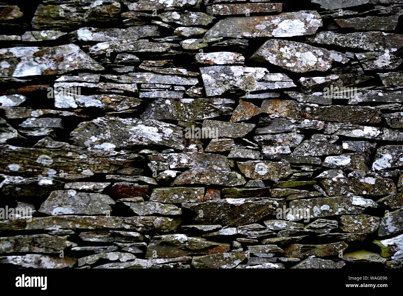 Close-up vue détaillée d'un vieux mur en pierre traditionnel construit à partir de schiste Piodão, faite de roches de schiste, pile l'un des villages de schiste du Portugal dans le Banque D'Images