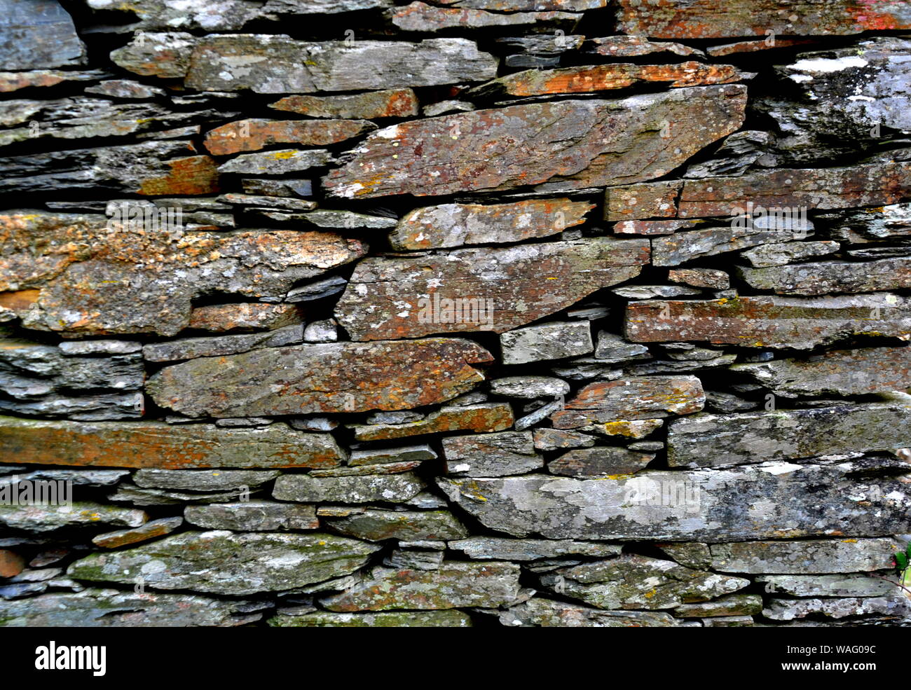 Close-up vue détaillée d'un vieux mur en pierre traditionnel construit à partir de schiste Piodão, faite de roches de schiste, pile l'un des villages de schiste du Portugal dans le Banque D'Images