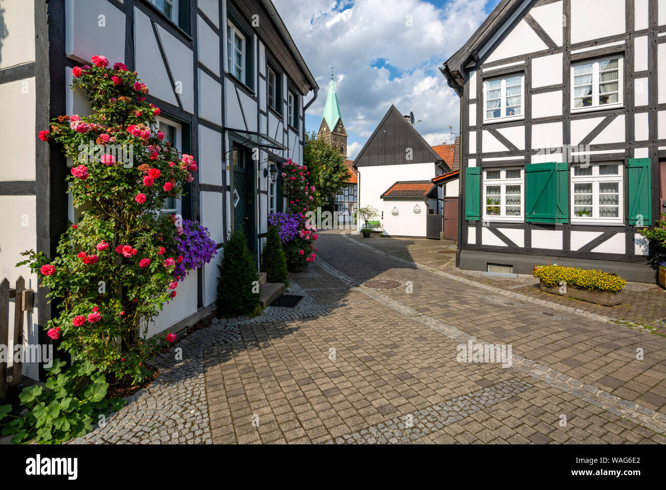 Vieille personne, vieille personne, Vieille Ville Lane, l'architecture, de l'extérieur, l'enregistrement sur le terrain, bâtiment, Blendladen, fleur, décoration florale, maison de ville, Chris Banque D'Images
