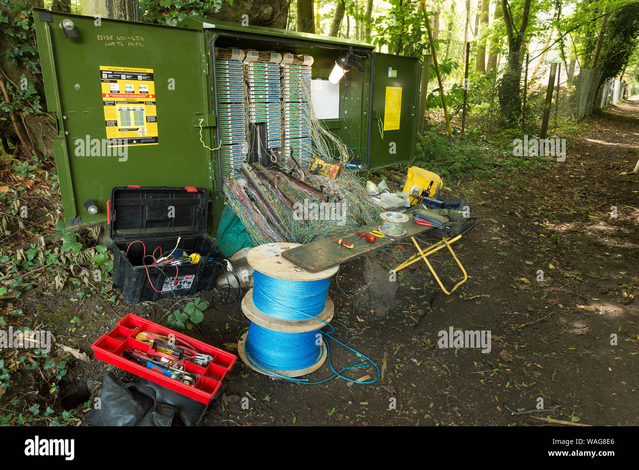La masse confuse des fils téléphoniques torsadées dans un réseau fort d'être réparée sur le sentier public, présentant un véritable casse-tête, à gauche sur pause thé Banque D'Images