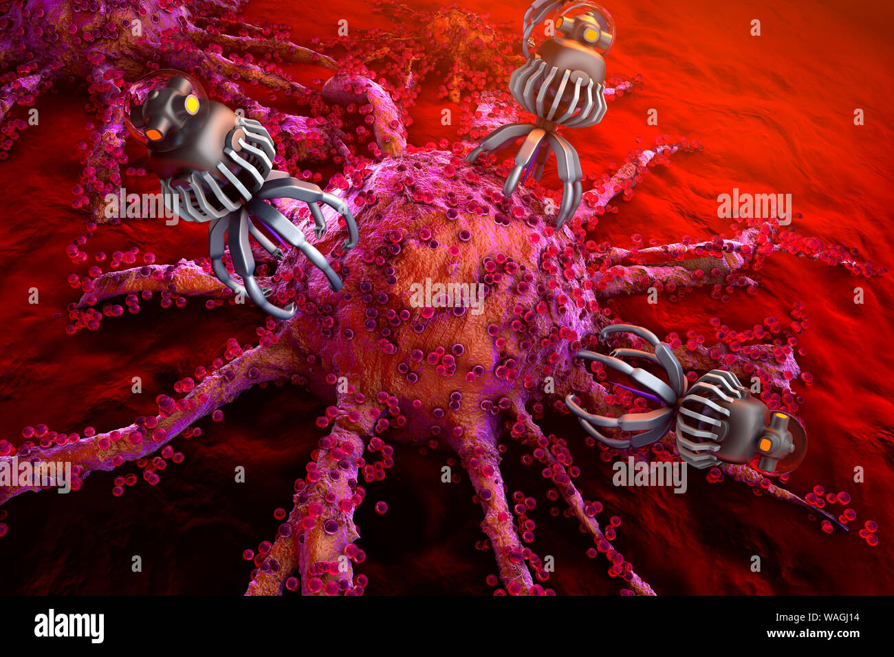 Rendu 3D Illustration de Nano bots attaquer multiplication des cellules de cancer. Banque D'Images