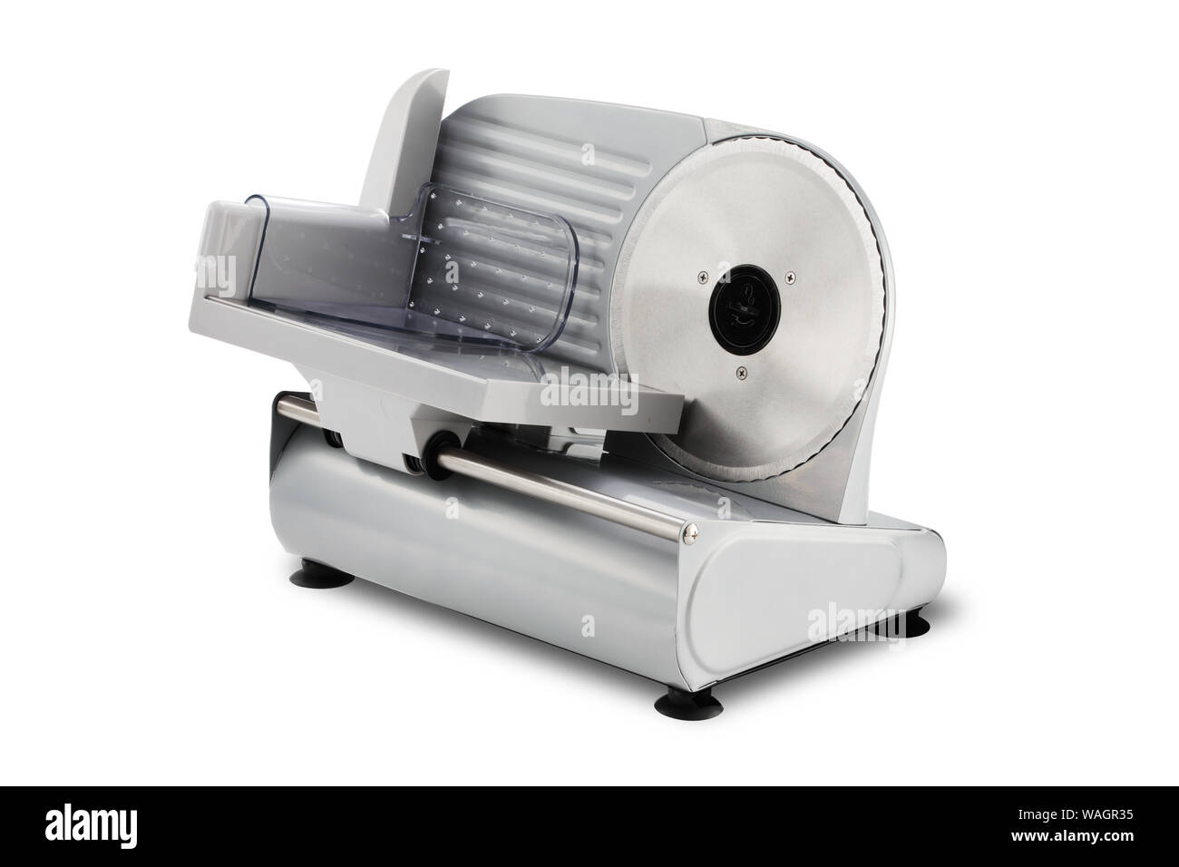 Une alimentation slicer en acier inoxydable isolé sur blanc avec clipping path Banque D'Images