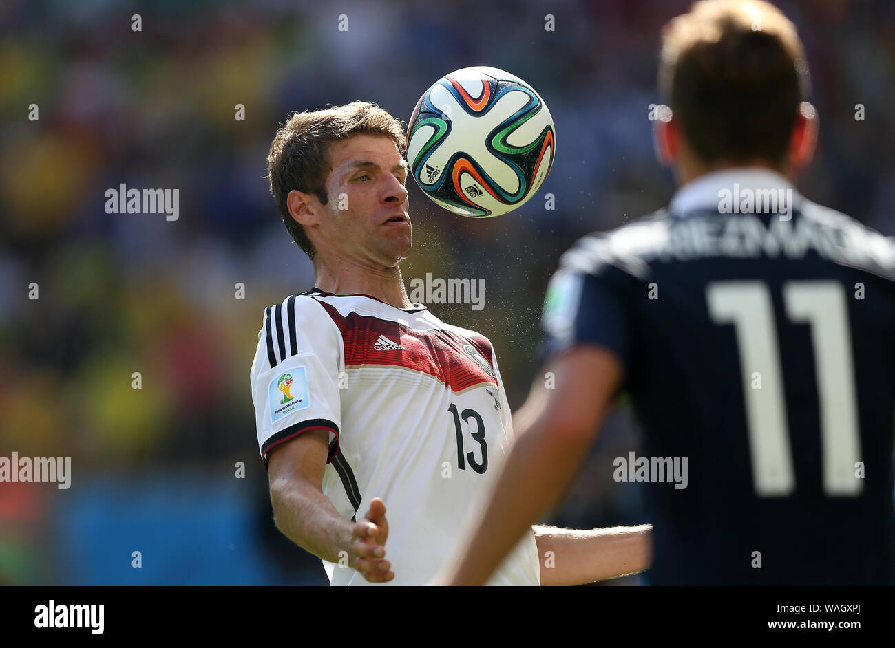 Rio de Janeiro, le 4 juillet 2014. Le footballeur allemand Thomas Muller, lors du match entre la France et l'Allemagne, pour la coupe du monde 2014 au Maracanã Sta Banque D'Images