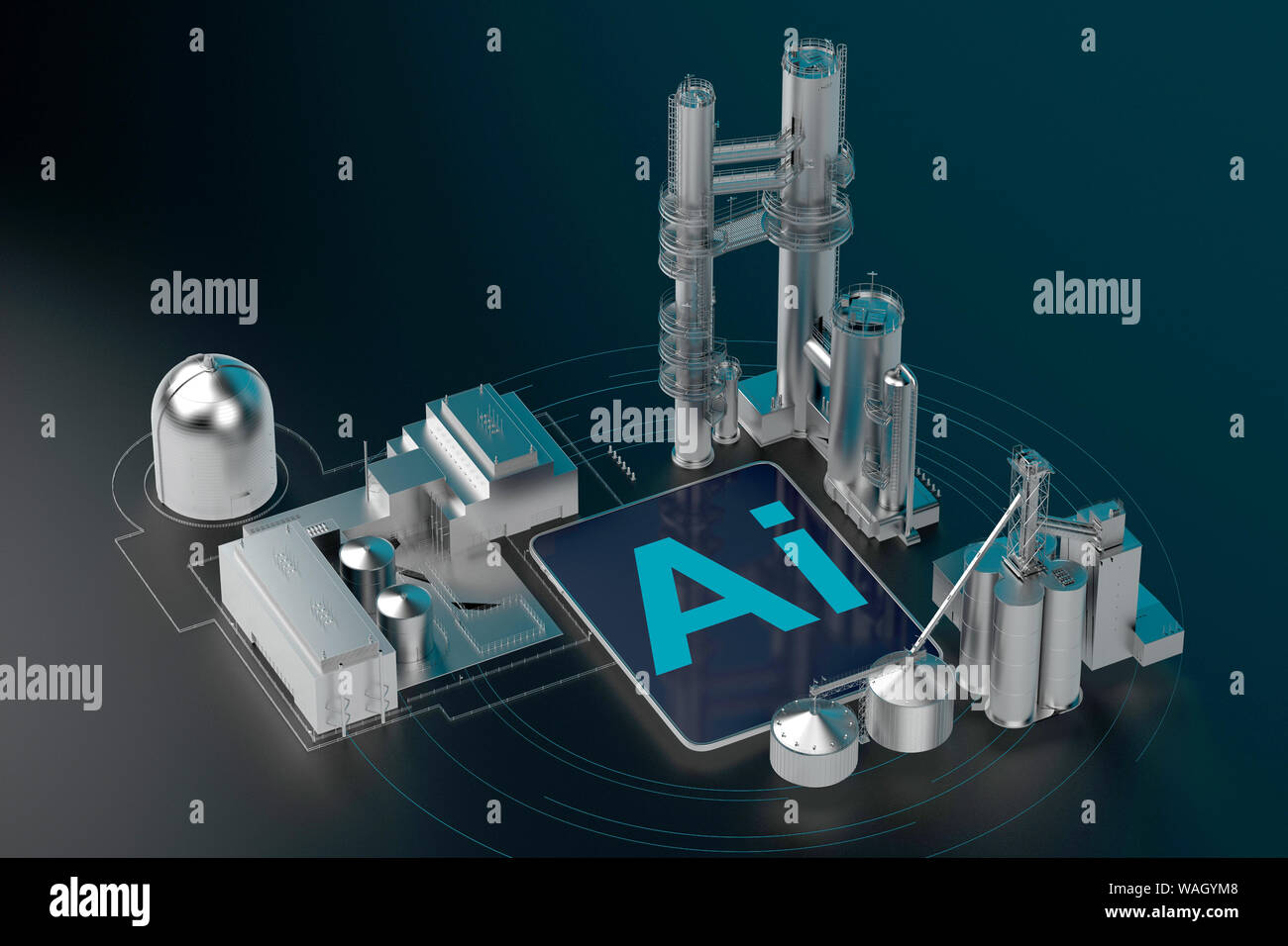 Tablette numérique avec bâtiment industriel. Le rendu 3D Banque D'Images