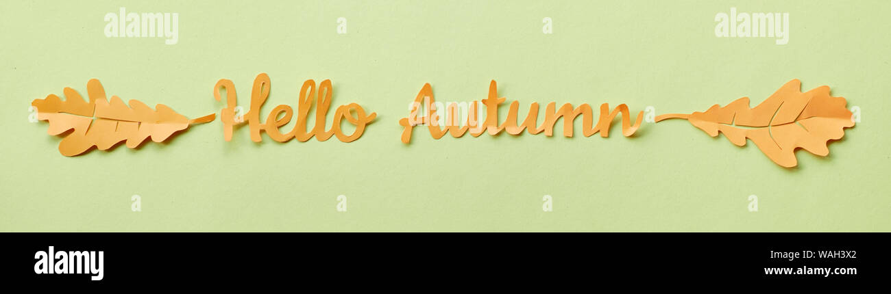 Texte papier 'Bonjour' avec feuilles de chêne. Image panoramique, lat jeter sur du papier jaune. Banque D'Images