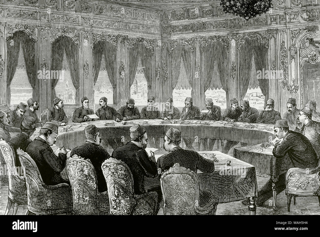 Question de l'Est. Empire Ottoman. Constantinople, en Turquie. Réunion du Conseil des ministres au palais impérial, présidé par le Sultan Abdul-Aziz-Khan, d'examiner la note diplomatique du Comte Gyula Andrássy (homme politique de l'Empire austro-hongrois), avant la crise internationale et les tensions avec l'Empire russe. Gravure de Capuz. La Ilustracion Española y Americana, le 15 avril 1876. Banque D'Images