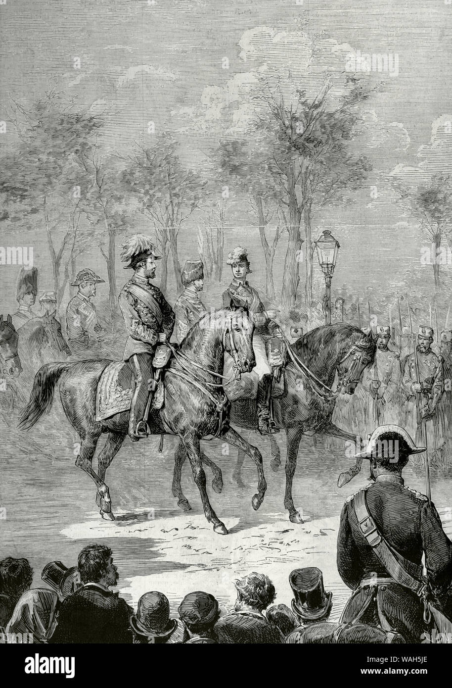 Visite du Prince de Galles à l'Espagne. Madrid. Prince Albert Edward (1841-1910), futur Édouard VII, et le roi Alphonse XII d'Espagne (1857-1885) l'examen des troupes lors d'un événement tenu le 26 avril 1876. Dessin de la vie par Ricardo Balaca (1844-1880). Gravure de Capuz (1834-1899). La Ilustracion Española y Americana, le 30 avril 1876. Banque D'Images