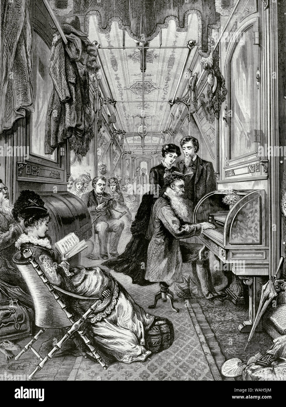 United States. L'observance du dimanche dans un train de la Pacific Railroad qui couvre le trajet entre New York et San Francisco (il a fallu six jours). Le train est composé de wagons Pullman Pullman Palace du système (voitures). Gare hall. La gravure. La Ilustracion Española y Americana, le 30 avril 1876. Banque D'Images