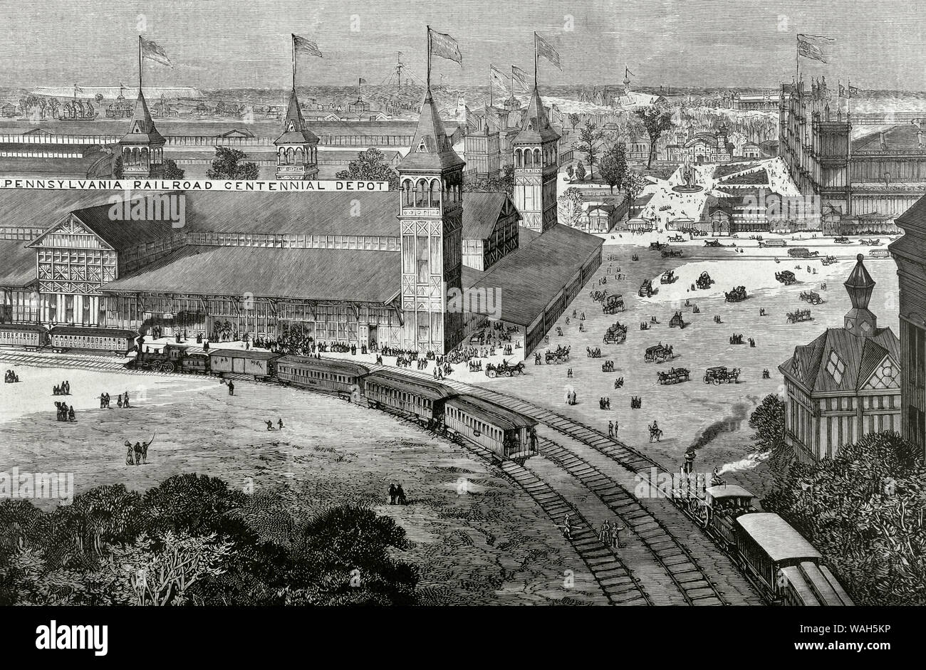 Unided States. L'Exposition universelle de Philadelphie, 1876. Nommé officiellement l'Exposition Internationale des Arts, Manufactures et produits du sol et la mienne. L'Exposition internationale de 1876 a eu lieu à Philadelphie, Pennsylvanie, du 10 au 10 novembre 1876, pour célébrer le 100e anniversaire de la signature de la Déclaration de l'indépendance à Philadelphie. Il a eu lieu à Fairmount Park le long de la rivière Schuykill sur fairgrounds conçu par Herman J. Schwarzmann. Vue panoramique. Premier plan, Pennsylvania Railroad Depot du centenaire. La gravure. La Ilustracion Española y Ame Banque D'Images