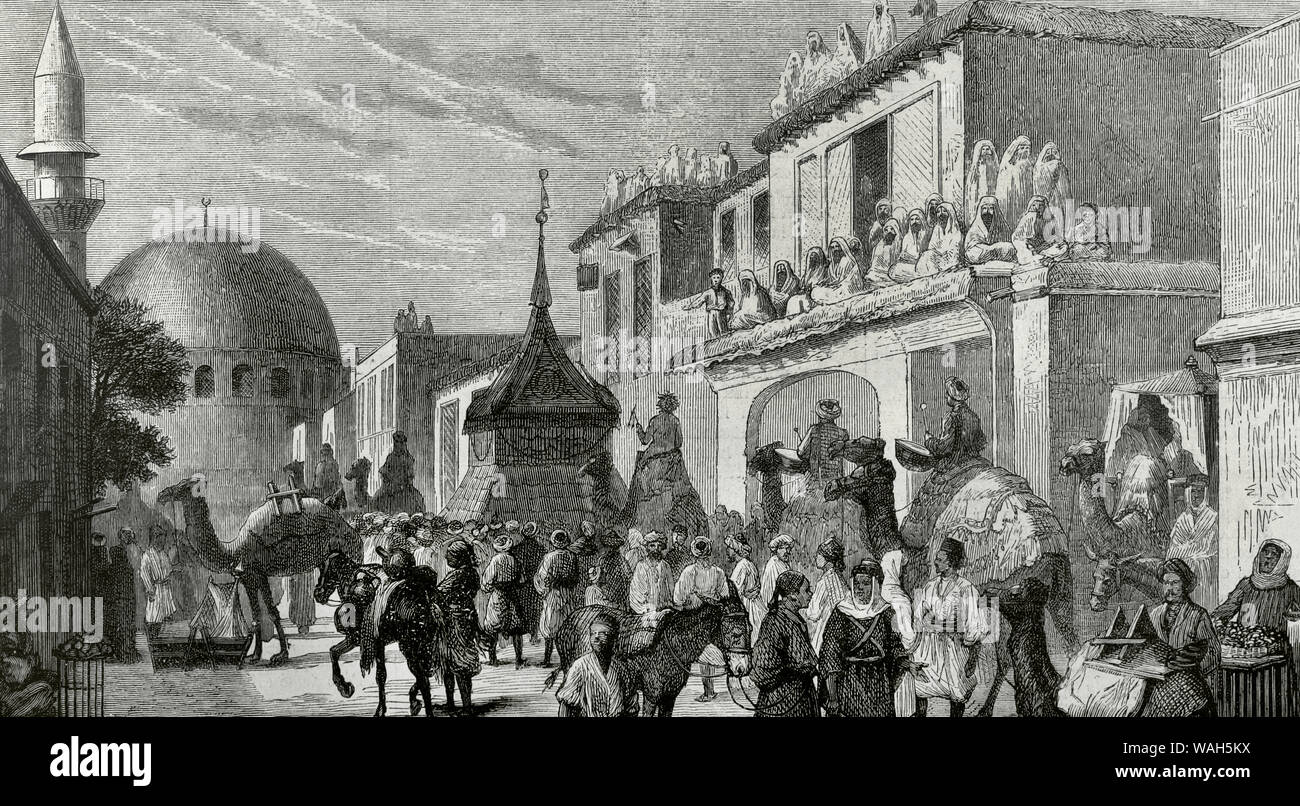 Festivals mahométane. Pèlerins de quitter Damas pour La Mecque. La Procession de la "ahwal' avec le saint tapis. La gravure. La Ilustracion Española y Americana, le 30 mai 1876. Banque D'Images