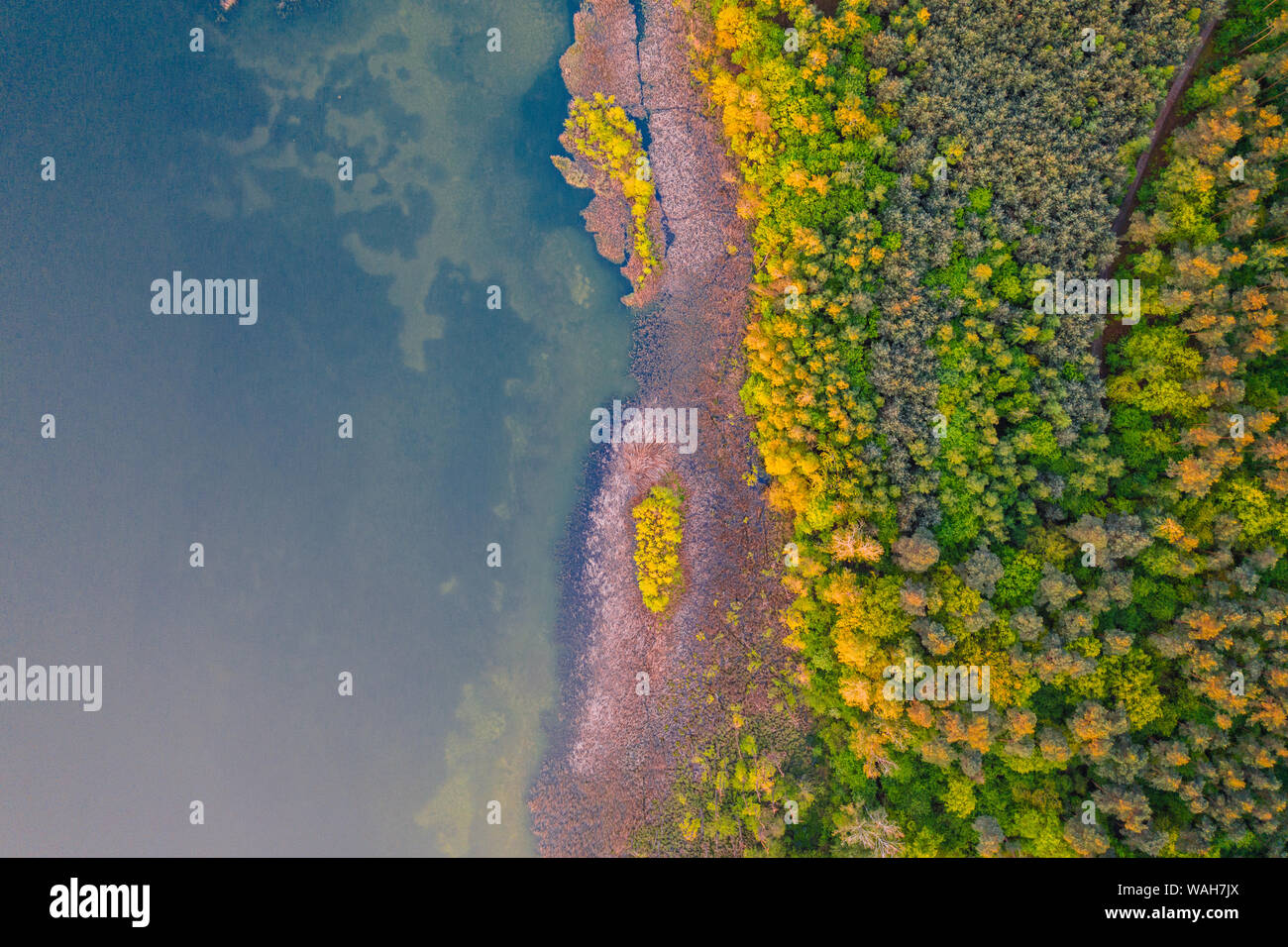 Drone aérien photographie d'un paysage du lac au coucher du soleil. La belle et calme paysage rural. Banque D'Images