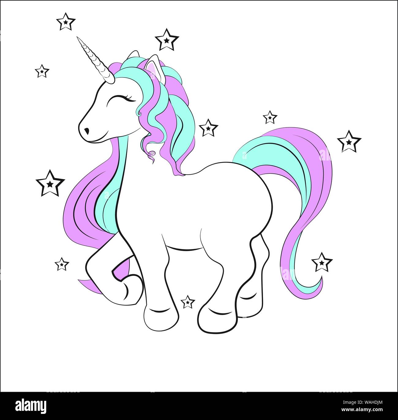 Drôle de petit poney licorne avec des étoiles, une coloration Illustration de Vecteur