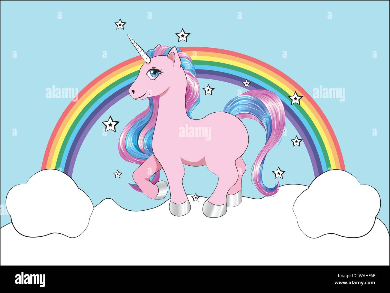 Drôle de petit poney licorne rose et bleu avec la crinière, et les étoiles, unicorn happy birthday card Illustration de Vecteur