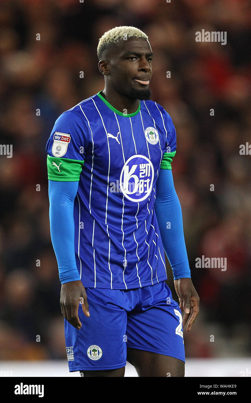 MIDDLESBROUGH, Angleterre AUG 20TH du Wigan Athletic Cedric Kipre pendant le ciel parier match de championnat entre Middlesbrough et Wigan Athletic au stade Riverside, Middlesbrough, le mardi 20 août 2019. Usage éditorial uniquement, licence requise pour un usage commercial. Photographie peut uniquement être utilisé pour les journaux et/ou à des fins d'édition de magazines (Crédit : Mark Fletcher | MI News) Credit : MI News & Sport /Alamy Live News Banque D'Images