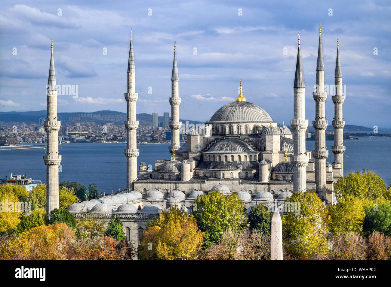 Vue aérienne de la Mosquée Bleue (Mosquée Sultan Ahmed) entourée d'arbres dans la vieille ville d'Istanbul - Sultanahmet, Istanbul, Turquie [automne/ Couleurs de l'automne] Banque D'Images