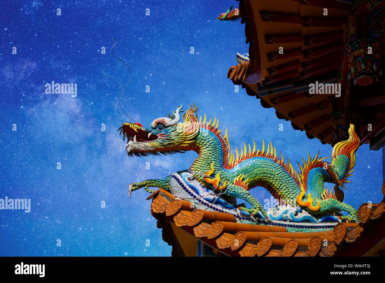 De belles statues de dragon au Temple Zizhu ou Purple Bamboo Temple, comme il est connu avec un ciel étoilé. Situé à Kaohsiung Taiwan, République de Chine Banque D'Images